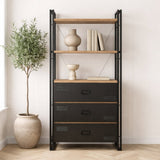 Boekenkasten - Industriële boekenkast met lades dennenhout melamine zwart metaal Cosmo 90x180x35 cm - Dimehouse
