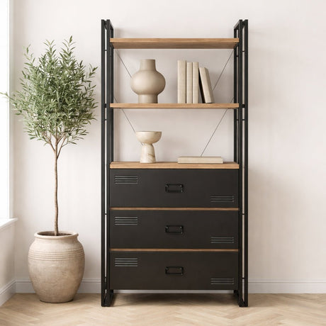 Librería industrial con cajones madera de pino melamina metal negro Cosmo 90x180x35 cm