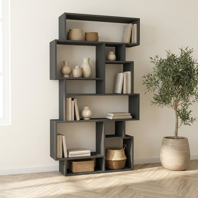 Boekenkasten - Asymmetrische boekenkast antraciet melamine Karmato 96x168,5x25,5 cm - Dimehouse