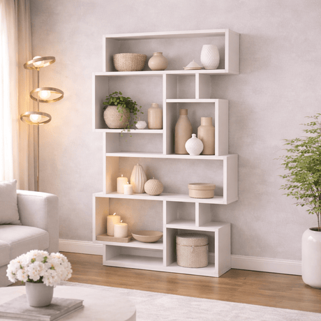 Librería asimétrica melamina blanca Karmato 96x168,5x25,5 cm