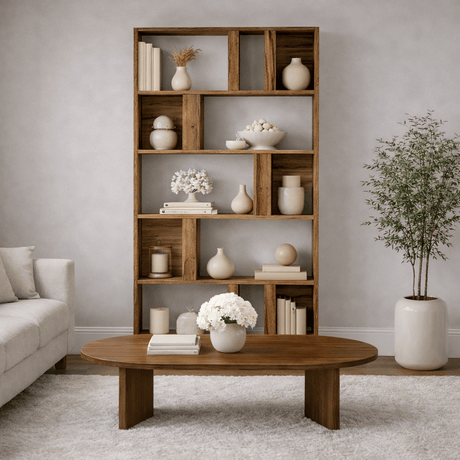 Librería asimétrica melamina nogal Lima 90x180x20 cm