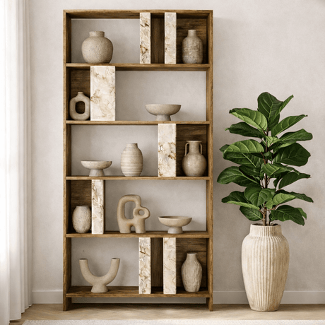 Librería asimétrica melamina nogal imitación mármol Lima 90x180x20 cm