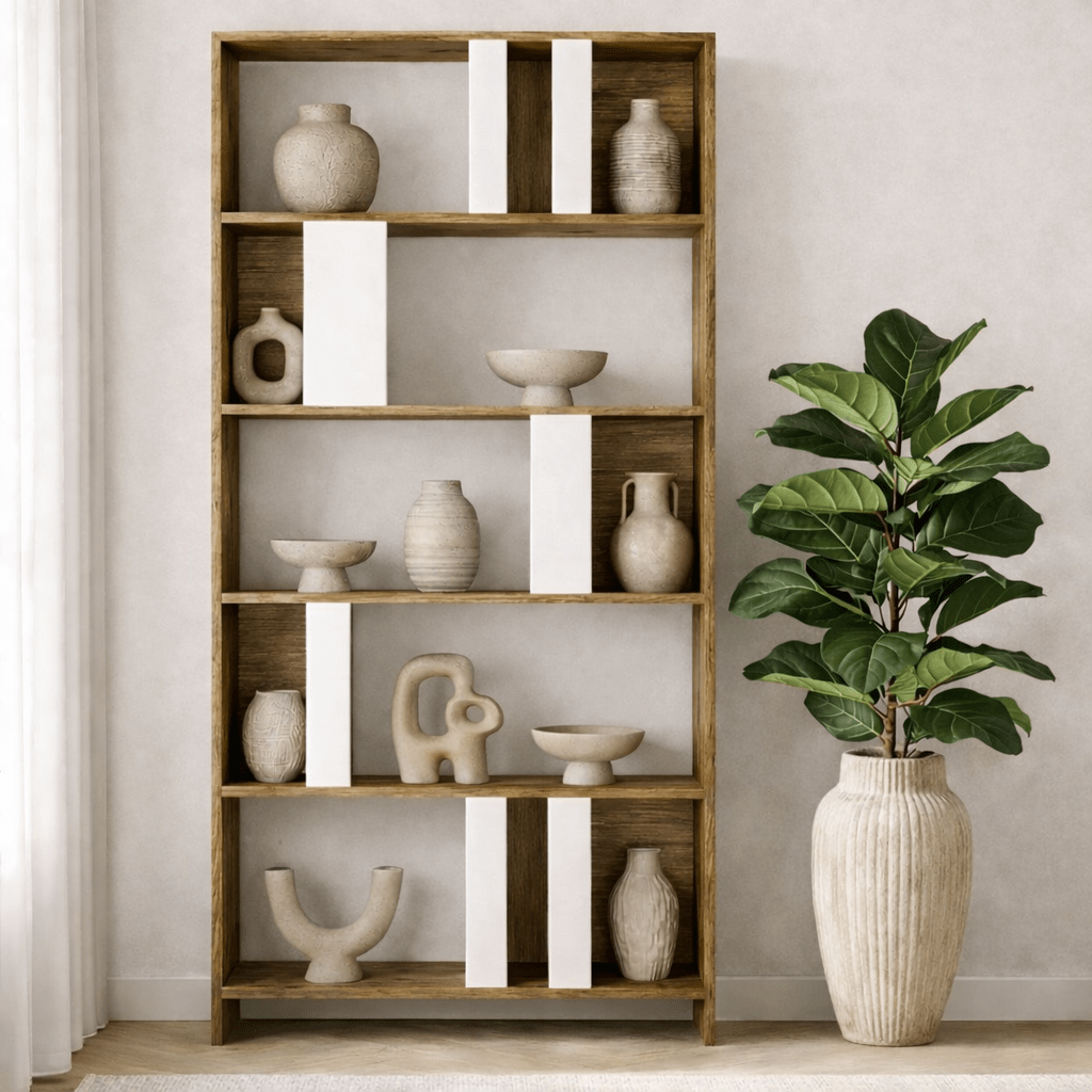 Boekenkasten - Asymmetrische boekenkast wit walnoot melamine Lima 90x180x20 cm - Dimehouse