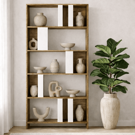 Librería asimétrica melamina nogal blanco Lima 90x180x20 cm