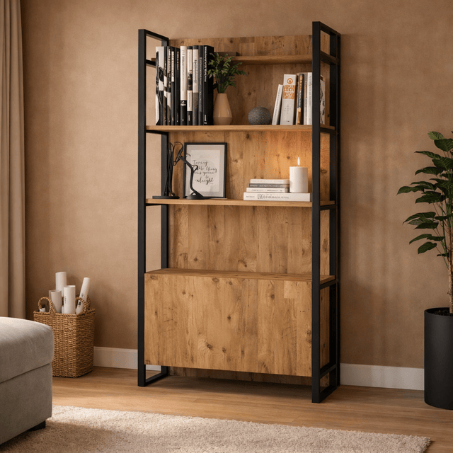 Boekenkasten - Industriële boekenkast met planken en gesloten opbergvak dennenhout melamine Lyra 90x180x34 cm - Dimehouse