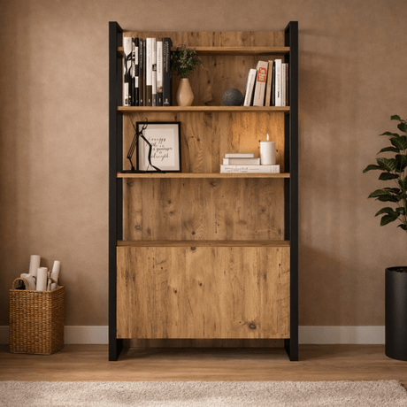 Librería industrial con estantes y almacenaje cerrado melamina pino Lyra 90x180x34 cm