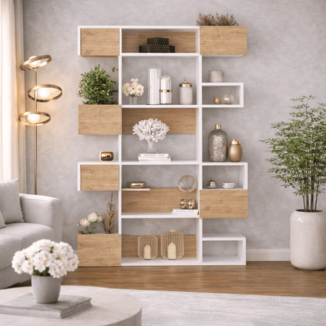 Librería moderna con compartimentos asimétricos melamina roble blanco Niho 120x171x20 cm