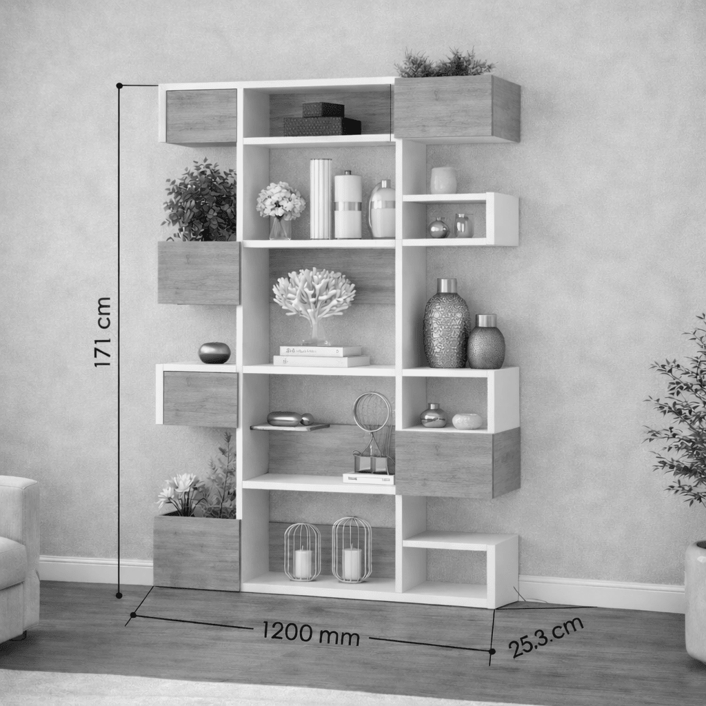Boekenkasten - Moderne boekenkast met asymmetrische vakken wit eiken melamine Niho 120x171x20 cm - Dimehouse