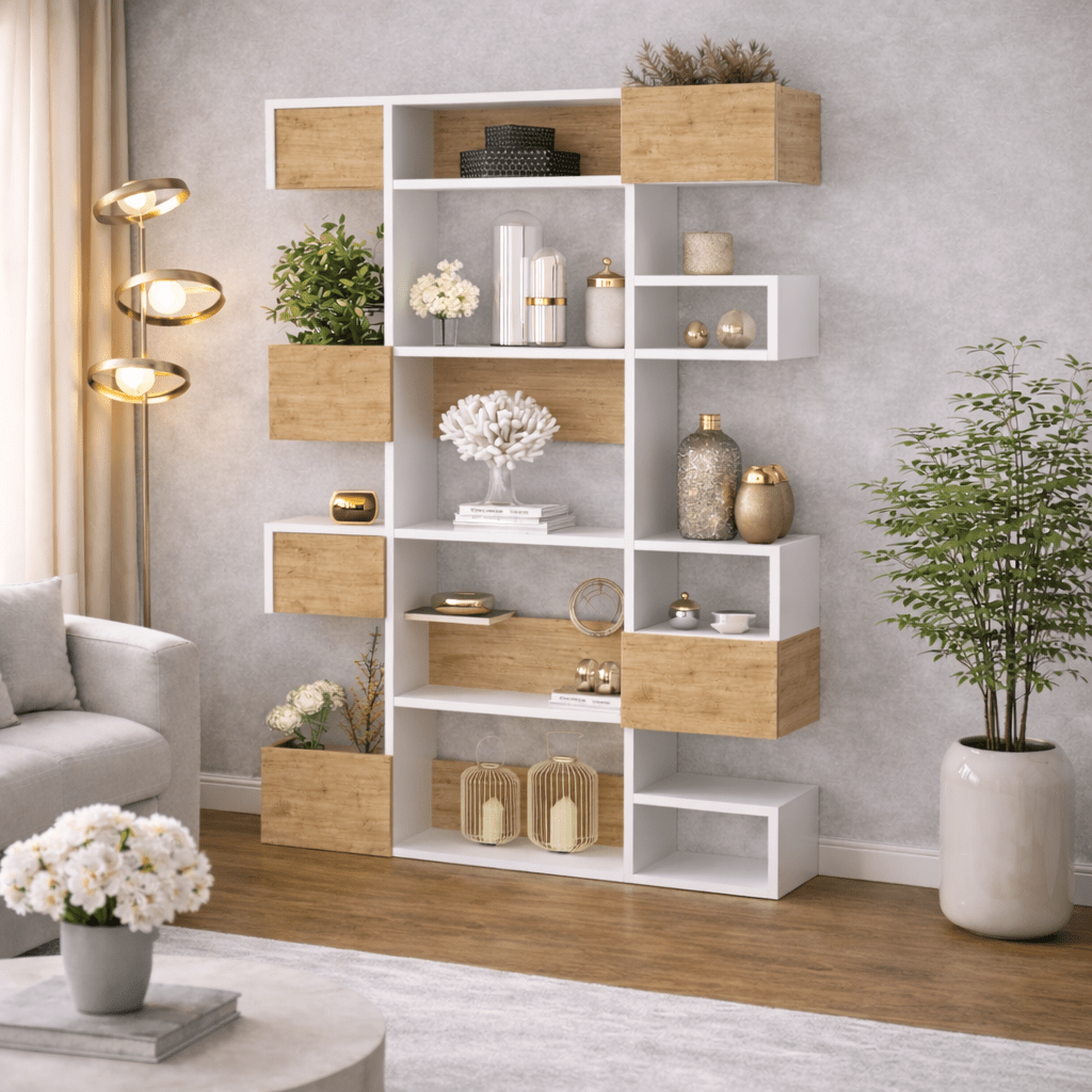Boekenkasten - Moderne boekenkast met asymmetrische vakken wit eiken melamine Niho 120x171x20 cm - Dimehouse