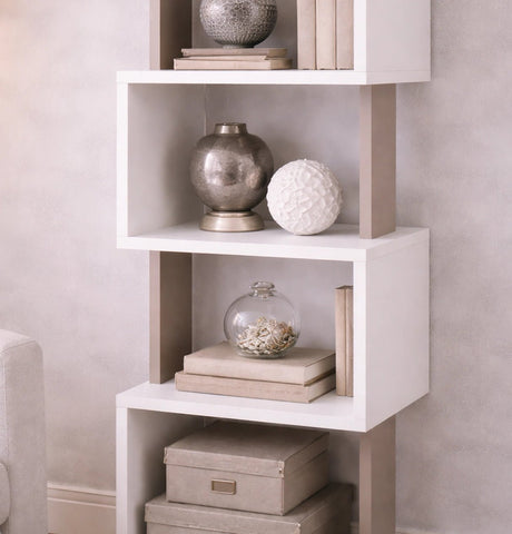 Librería 5 compartimentos en zigzag melamina blanco moka Piri 35x161x30 cm