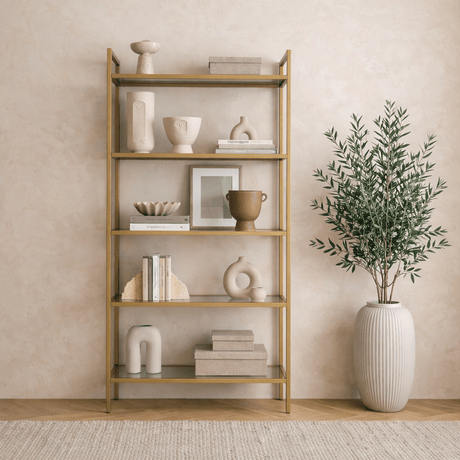 Librería Veneto moderna y elegante de metal dorado y cristal 80x165x30 cm