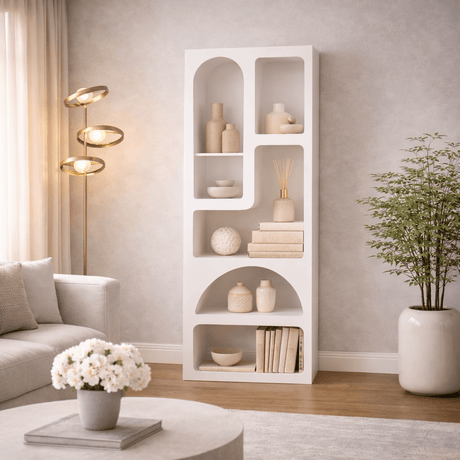 Librería con formas orgánicas melamina blanca Nolen 60x150x32 cm