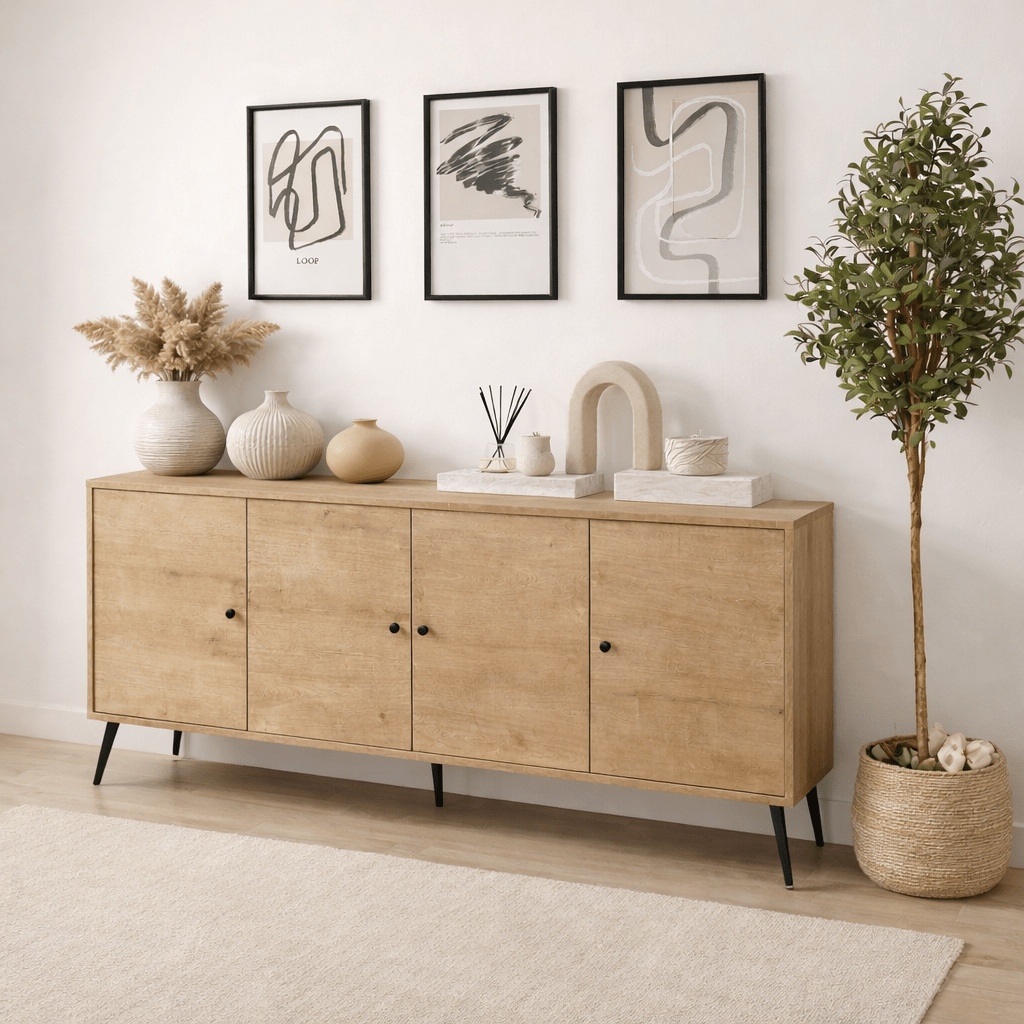 Dressoirs - Calvin Dressoir Eikenlook met soft - close 180 cm Melamine - Vier deuren - Dimehouse