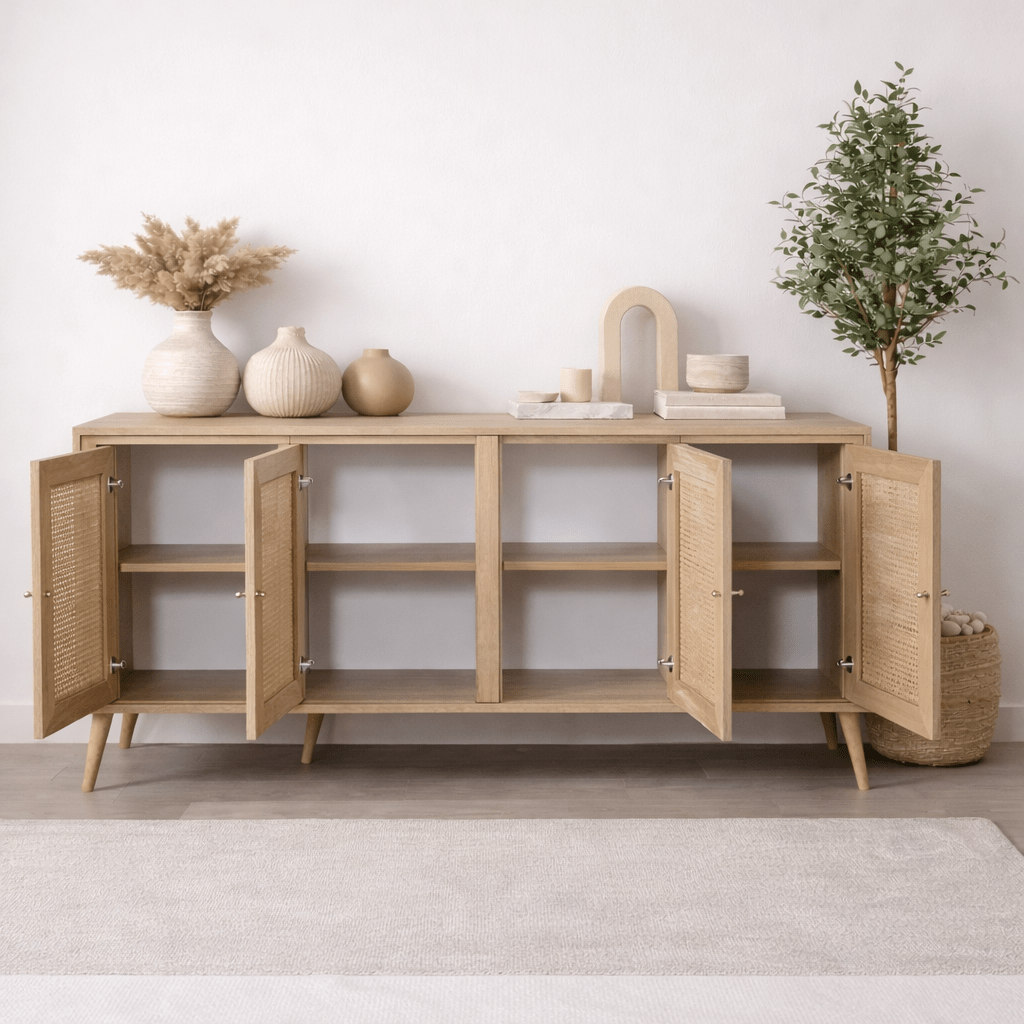 Dressoirs - Calvin Dressoir Rotan - Eikenlook met soft - close 180 cm Melamine - Dimehouse