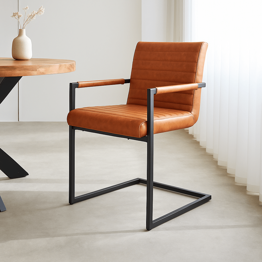 Silla de comedor industrial Cognac Kuba - Cuero sintético - Con reposabrazos 