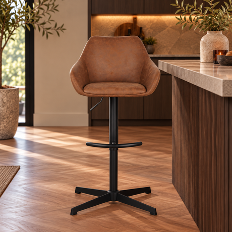 Barkrukken-Venom Barkruk Cognac Eco-leer - Verstelbare Draaibare Barstoel met Armleuning-Dimehouse