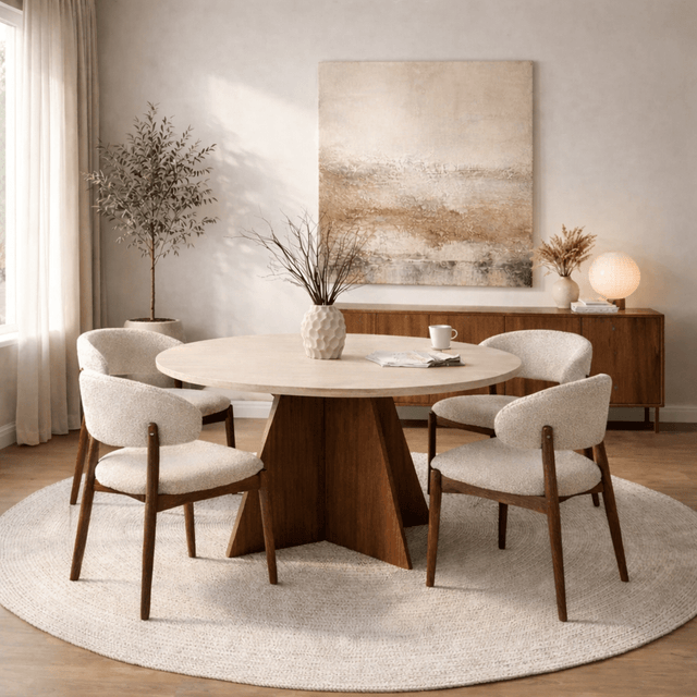 Eettafels - Eetkamertafel rond Walnoot met Travertin top - 120 cm - Mary - Dimehouse