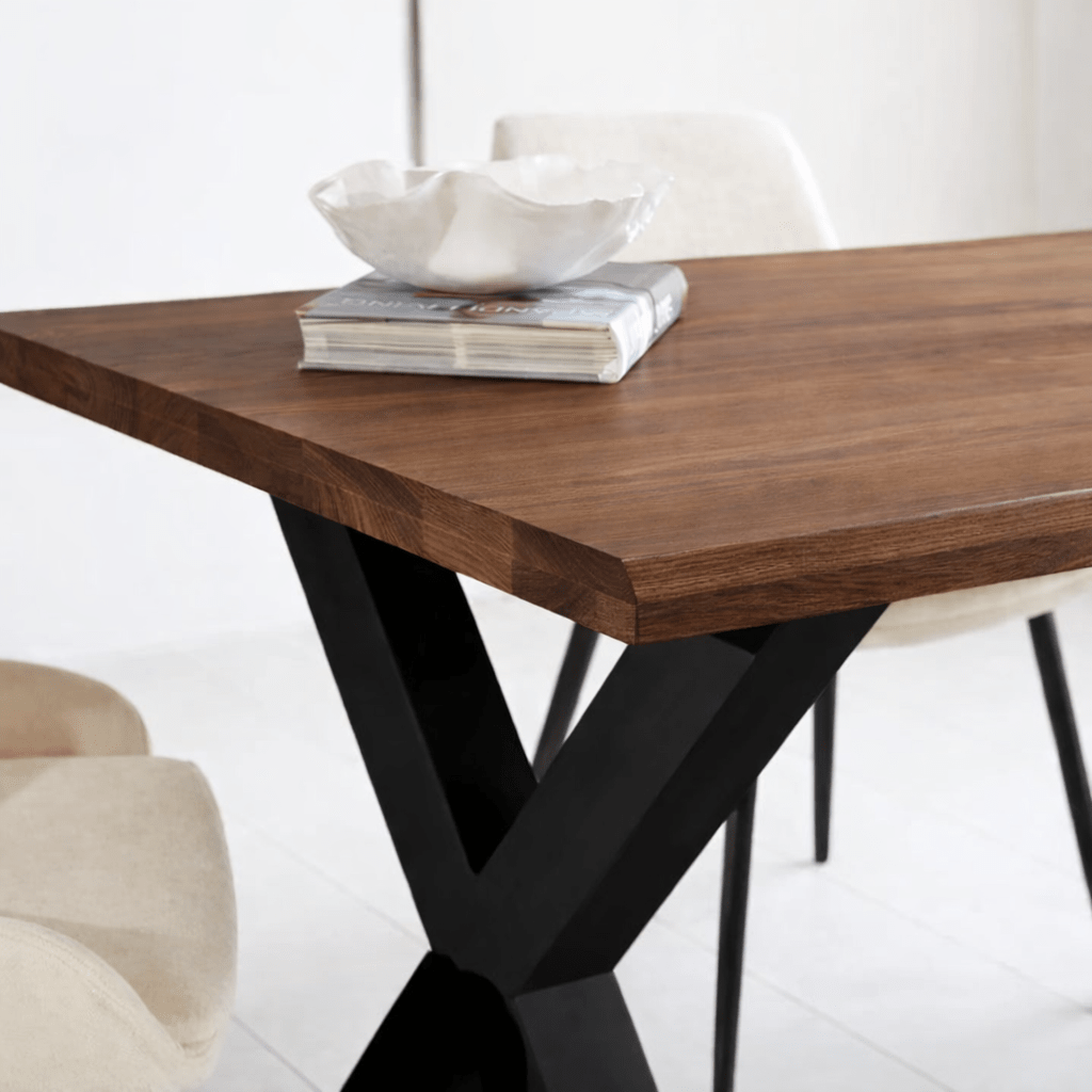 Eettafels - Eettafel Massief Eikenhout met Walnoot finish - 240x80 - Zwarte X - poot - Kumo - Dimehouse