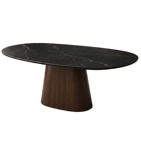 Eettafels-Eettafel Sintered Stone Marmerlook Zwart - Walnoot Frame - Deens ovaal - 180x90 cm - Lea-Dimehouse
