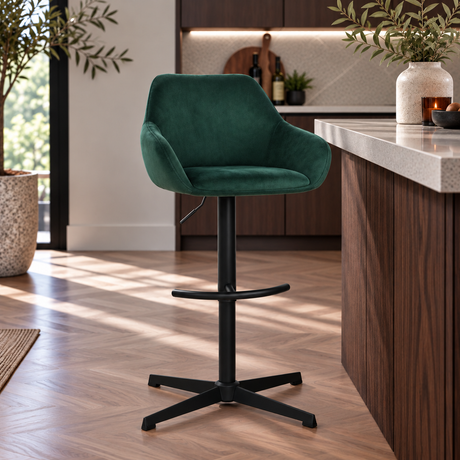 Taburete de barra de veneno Velvet verde: asiento de barra giratoria ajustable con reposabrazos