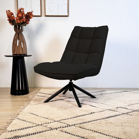 Sillón giratorio moderno de tela bouclé negra, giratorio 360° Yuki