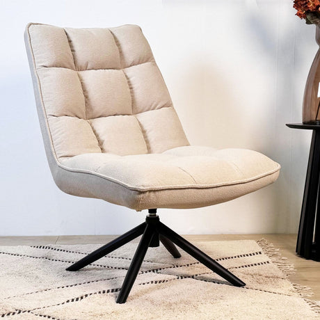 Sillón giratorio escandinavo de tejido bouclé beige, giratorio 360° Yuki