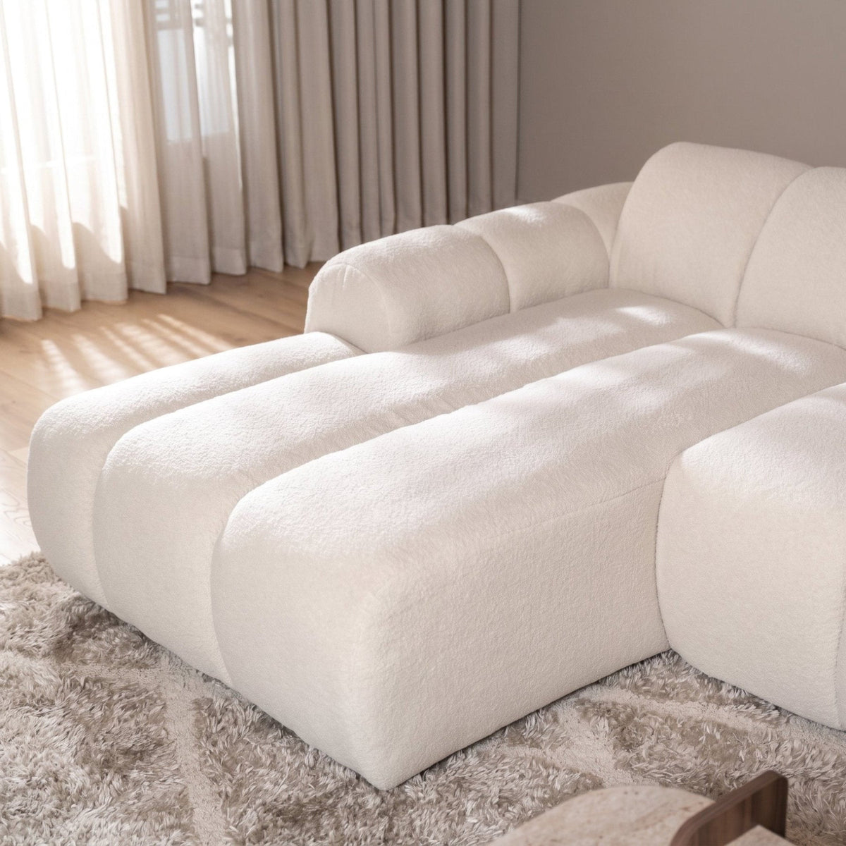 Sofás-Sofá rinconera con salón tela bouclé beige - rayas - izquierda - Brix-Dimehouse