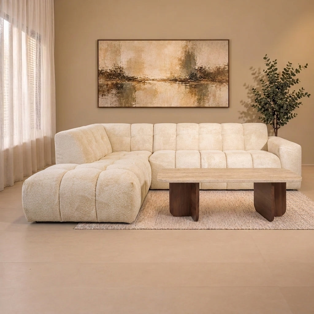 Sofá de esquina con chaise longue en tela bouclé beige Nova – izquierda