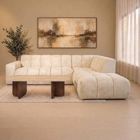 Banken-Hoekbank met lounge beige bouclé stof Nova - rechts-Dimehouse