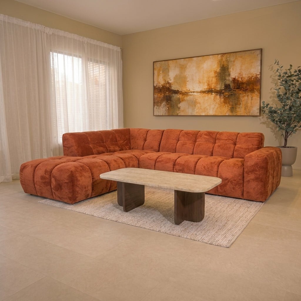 Sofá de esquina con chaise longue en tela bouclé color cobre Nova – izquierda