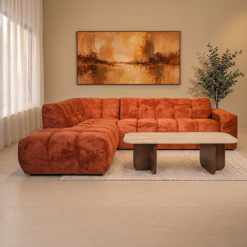 Sofá de esquina con chaise longue en tela bouclé color cobre Nova – izquierda