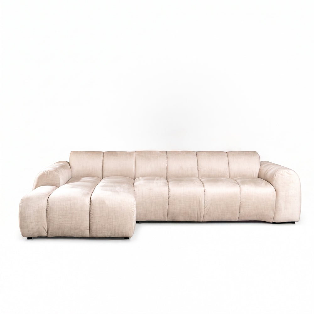Sofás-Sofá rinconera con salón tejido textura terciopelo beige - rayas - izquierda - Brix-Dimehouse