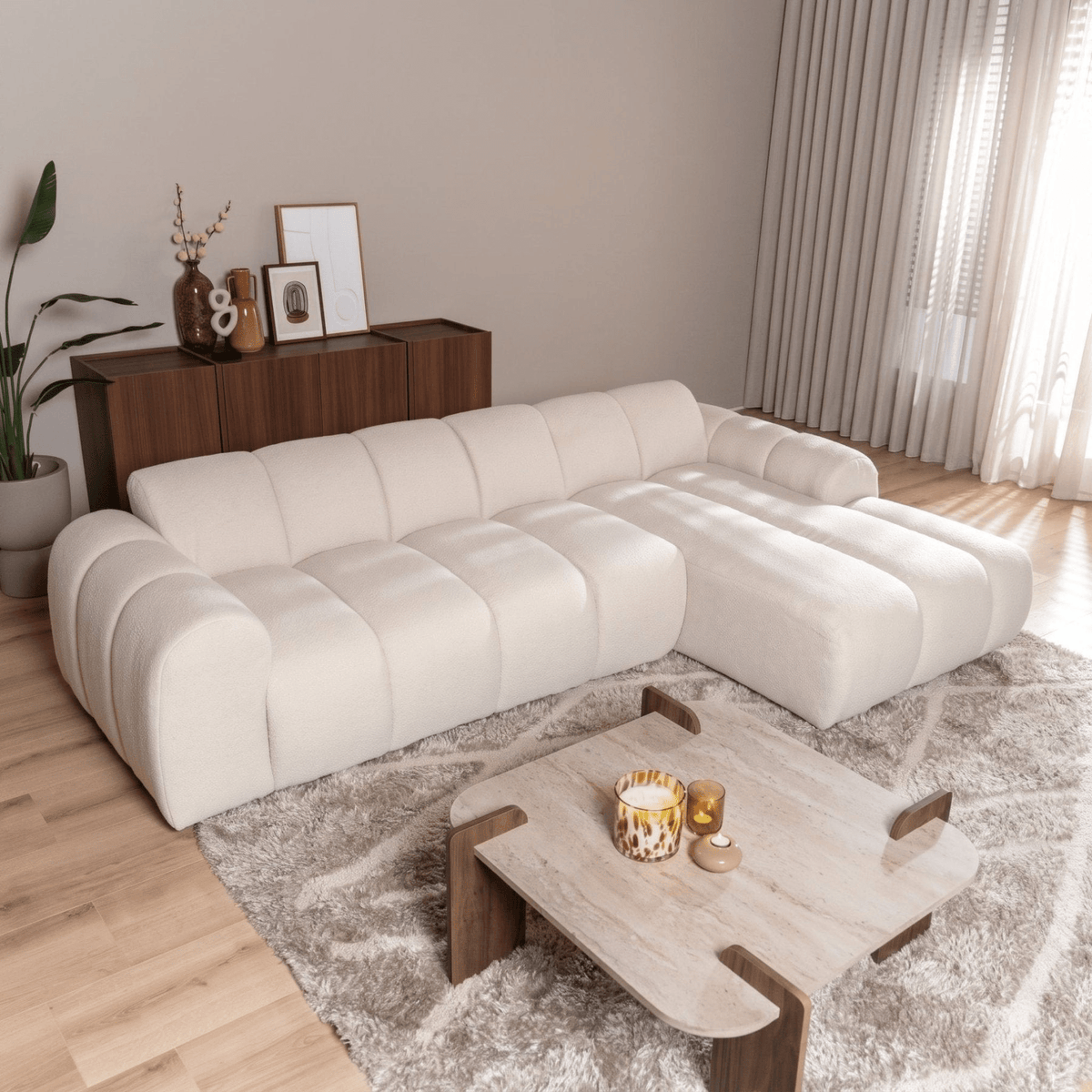 Sofás-Sofá rinconera con salón en tejido bouclé beige - rayas - derecha - Brix-Dimehouse