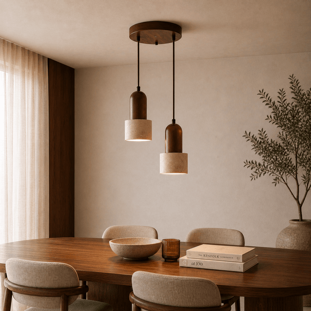 Hanglampen - Hanglamp 2 - lichts verschillende hoogtes – Walnoot & Travertin - Hikari - Dimehouse