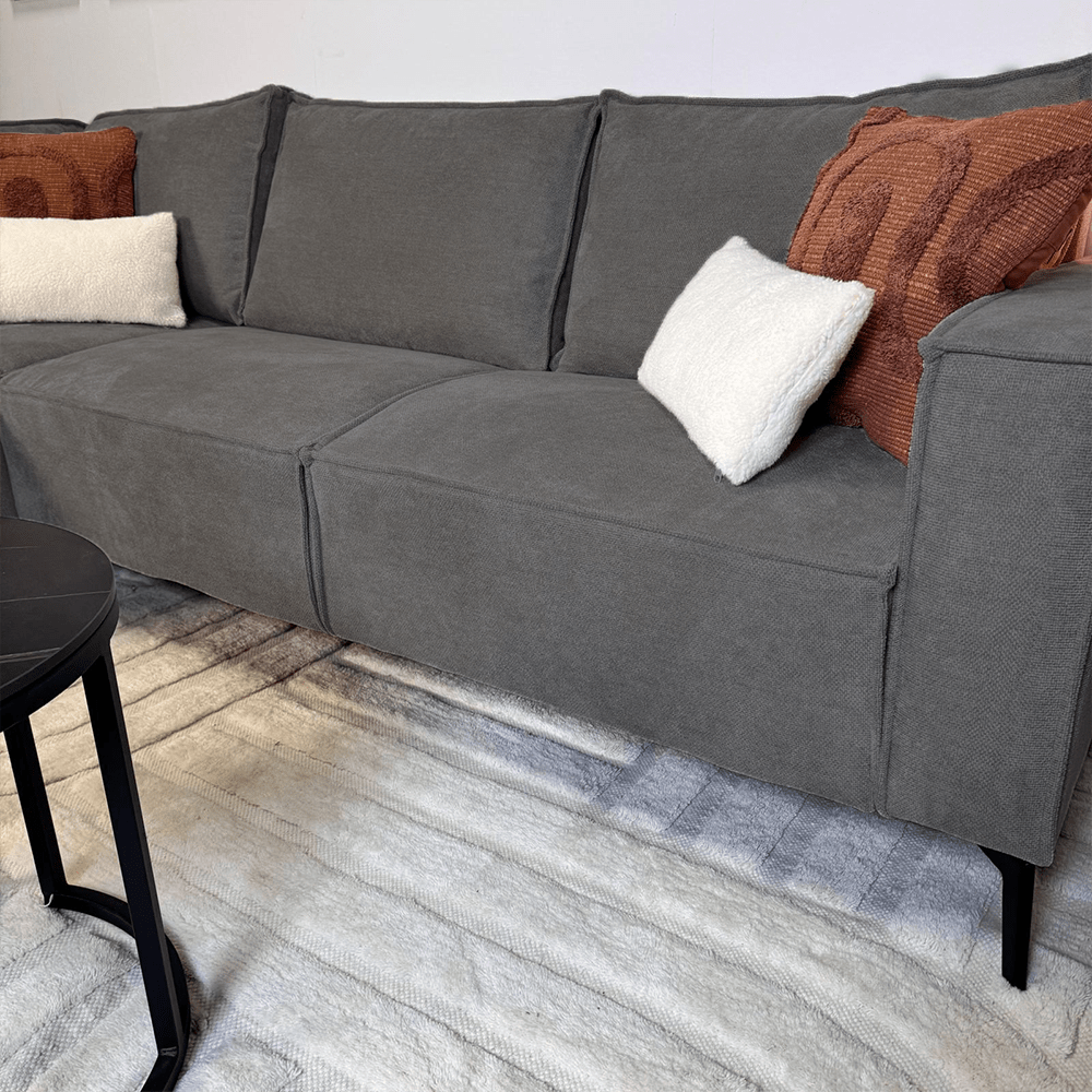 Banken - Hoekbank met chaise longue antraciet chenille Yara - links - Dimehouse