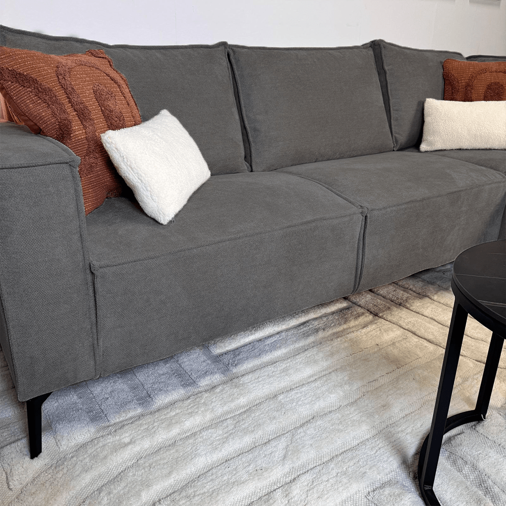 Banken - Hoekbank met chaise longue antraciet chenille Yara - rechts - Dimehouse