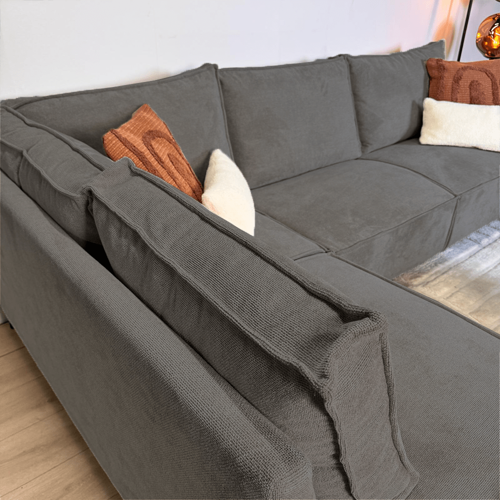Banken - Hoekbank met chaise longue antraciet chenille Yara - links - Dimehouse