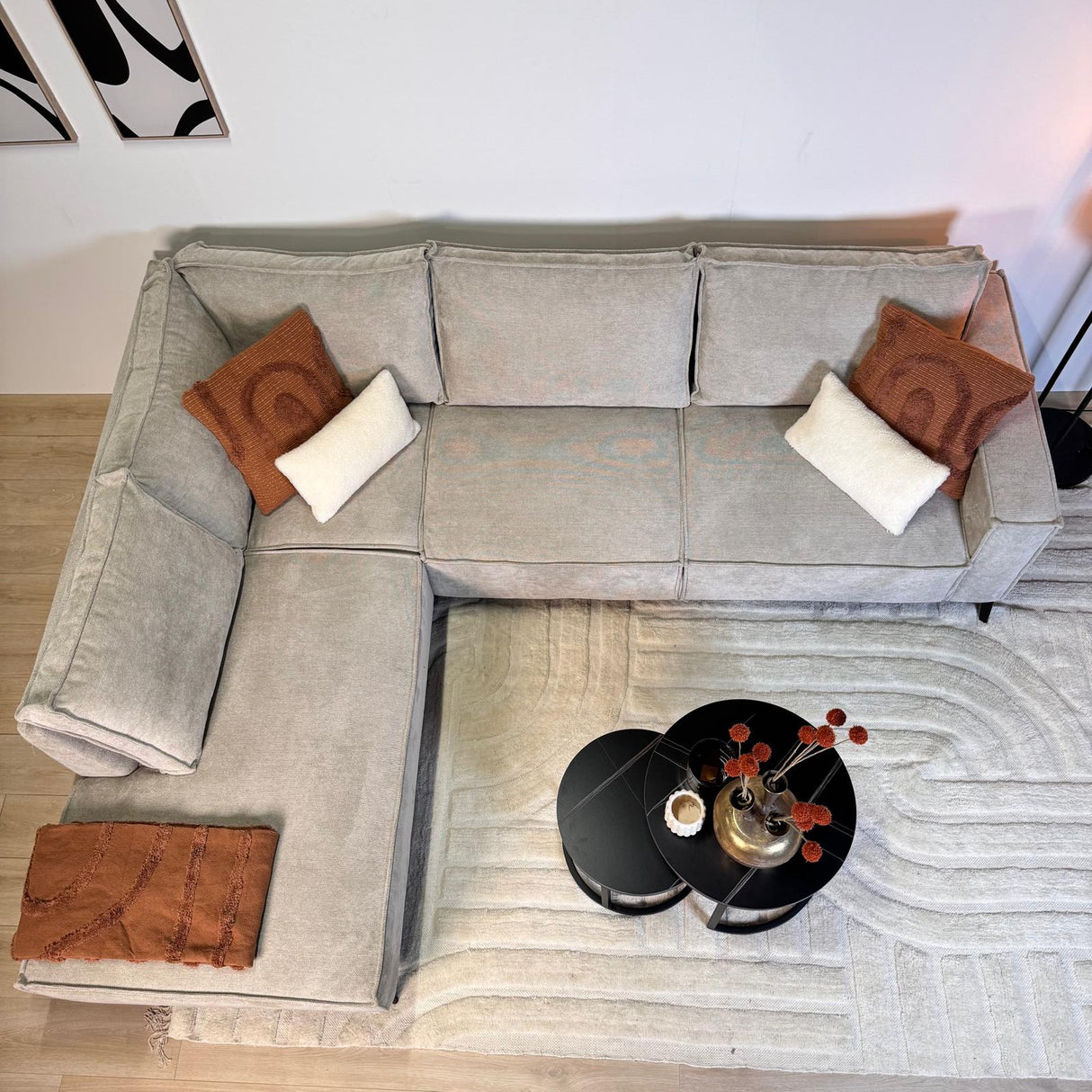 Banken - Hoekbank met chaise longue beige chenille Yara - links - Dimehouse