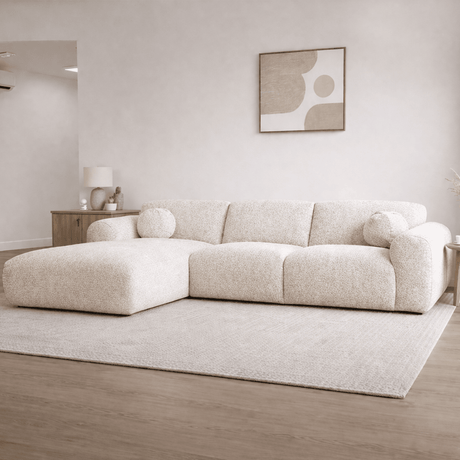 Sofá esquinero tela bouclé beige - 292x169 cm - Shane - izquierda