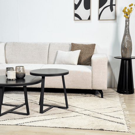 Sofá en esquina con chaise longue de tela de chenilla beige Manon - izquierda 