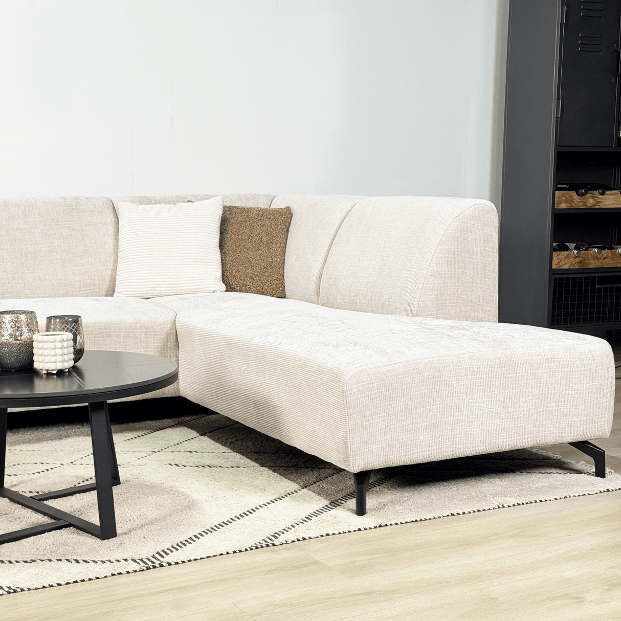 Banken - Hoekbank met chaise longue beige chenille stof Manon - rechts - Dimehouse