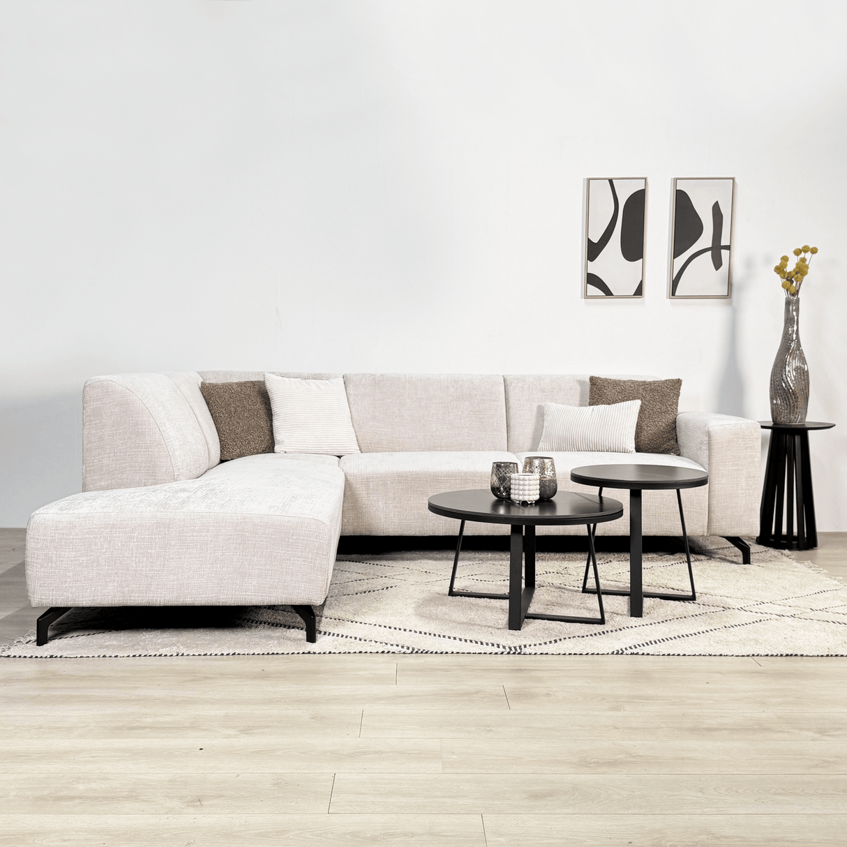 Banken - Hoekbank met chaise longue beige chenille stof Manon - links - Dimehouse