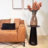 Sofá en esquina con lounge compacto en microfibra color coñac Davidson - izquierda 