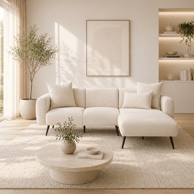 Banken - Hoekbank crème stof - Hoge slanke poten - massief binnenwerk - 252 x 155 cm - Side - Dimehouse