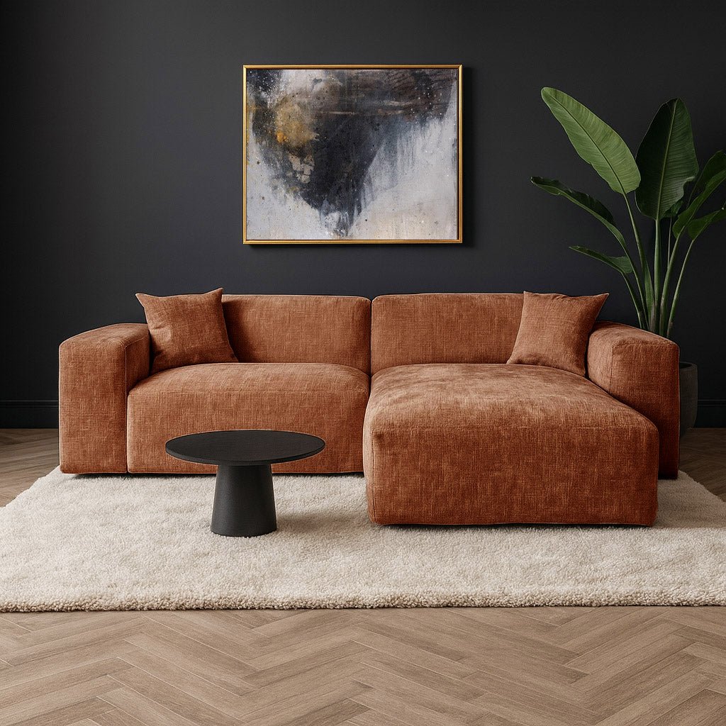 Hoekbank koper chenille Wayne 264 cm - hoek links en rechts monteerbaar