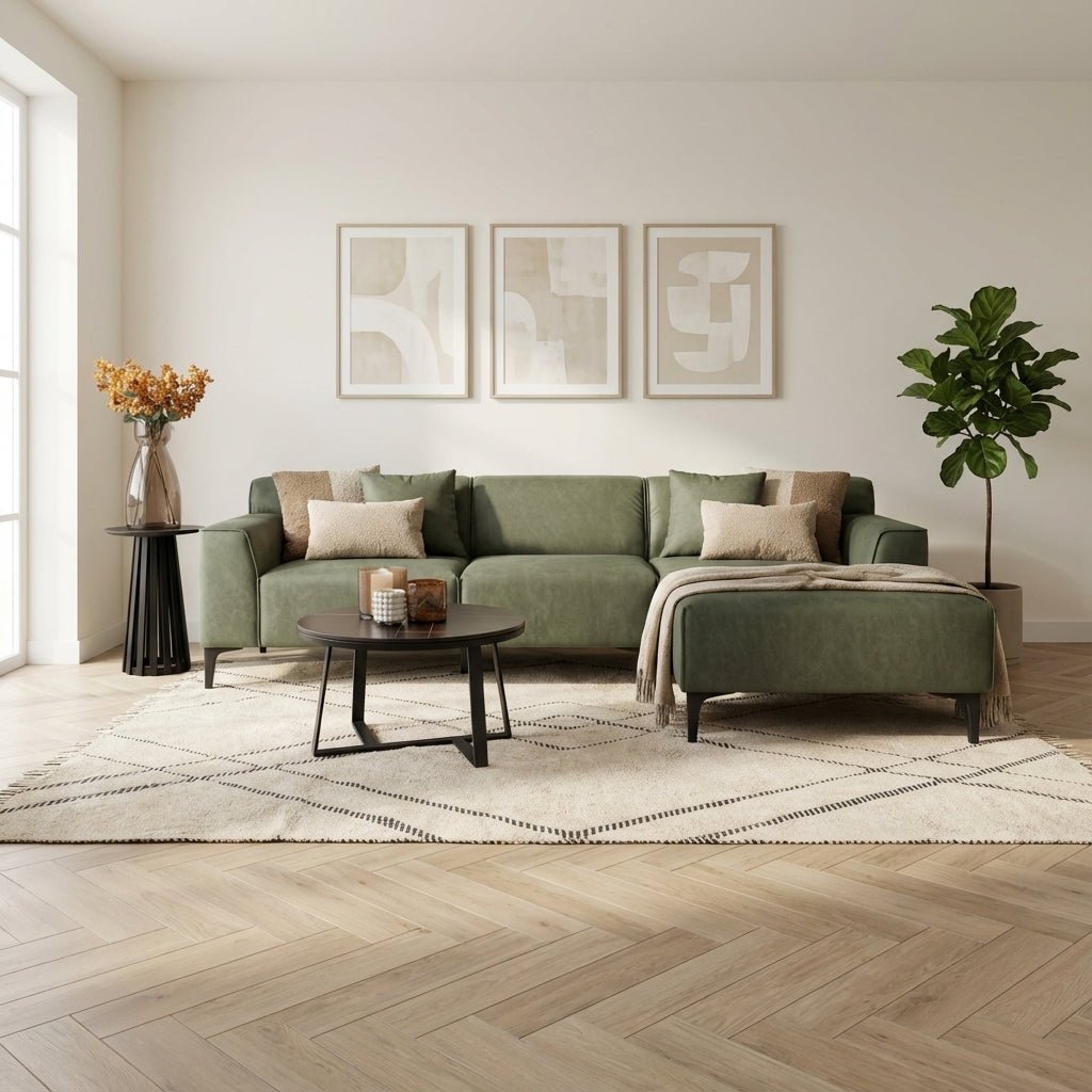 Hoekbank met compacte lounge groen microvezel Davidson - rechts sfeerfoto in modern interieur