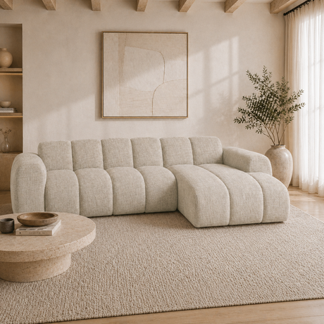 Sofá esquinero con salón de tela texturizada de terciopelo beige - rayas - derecha - Brix