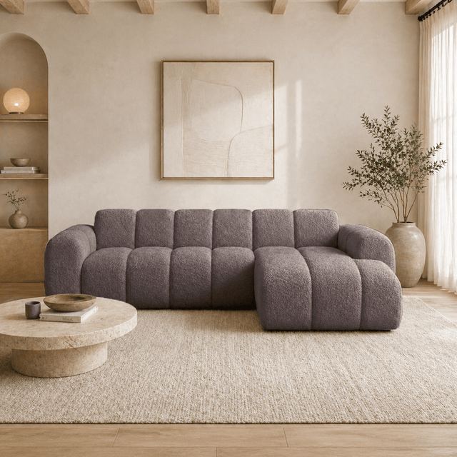 Banken-Hoekbank met lounge zacht bruin bouclé stof - strepen - rechts - Brix-Dimehouse