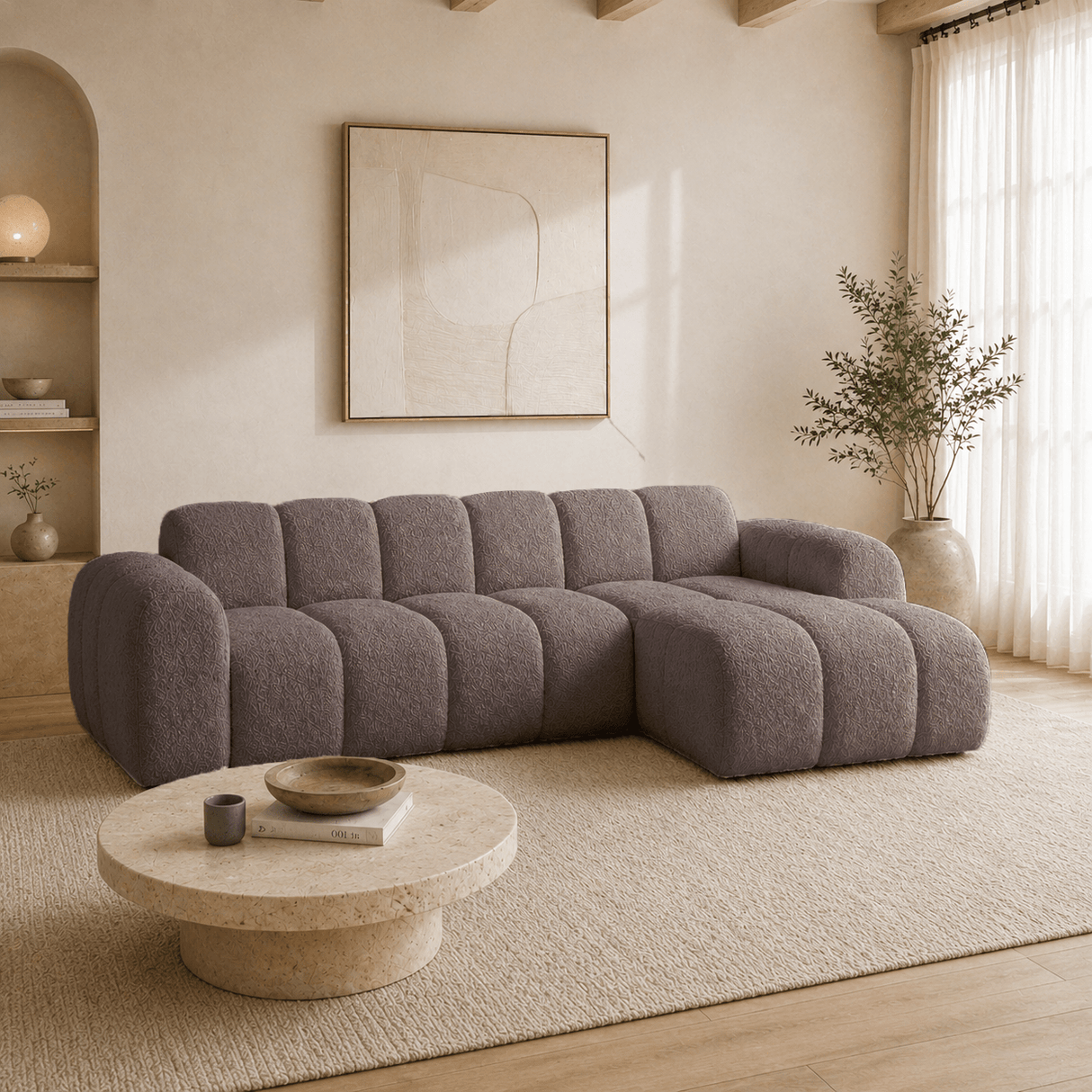 Banken-Hoekbank met lounge zacht bruin bouclé stof - strepen - rechts - Brix-Dimehouse