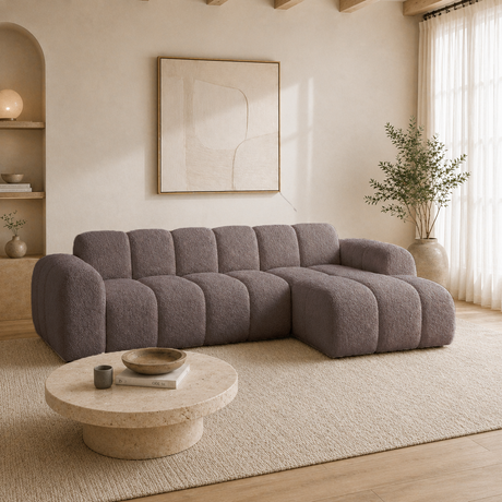 Sofá esquinero con salón en suave tela bouclé marrón - rayas - derecha - Brix
